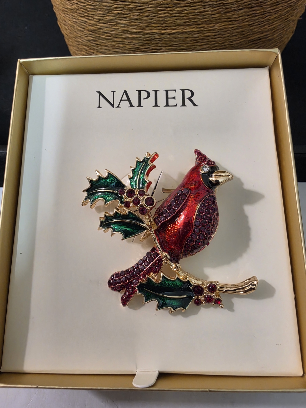 Napier Red & Emerald Green Cardinal Pin Brooch with Gold Accents